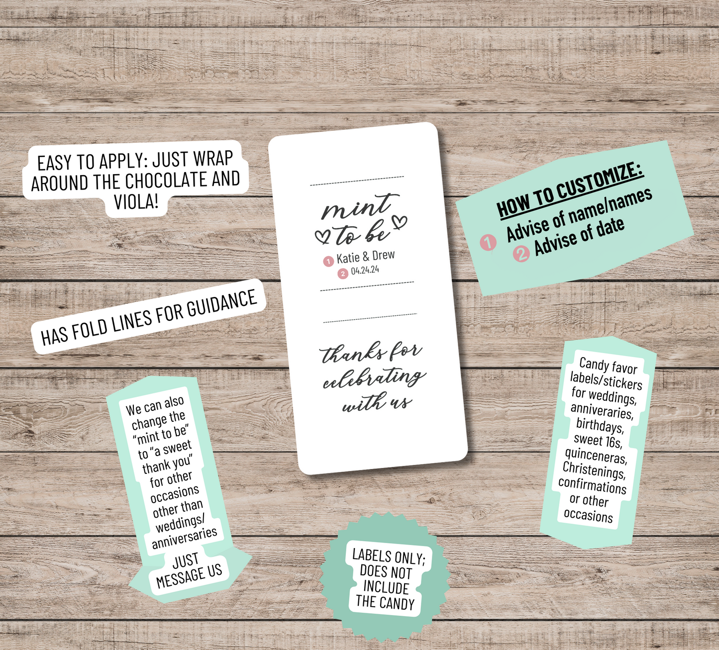 Mint To Be Wedding Favor Stickers: Personalized Andes Mints Candy Labels (2.25" x 1.25")