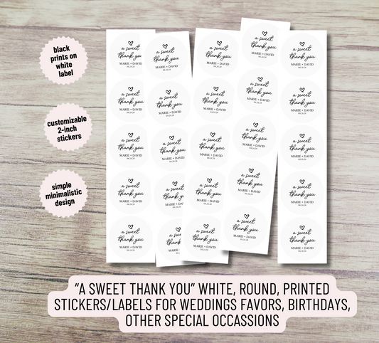 A Sweet Thank You 2-Inch Minimalist White Printed Round Wedding Party Favor Stickers/Labels