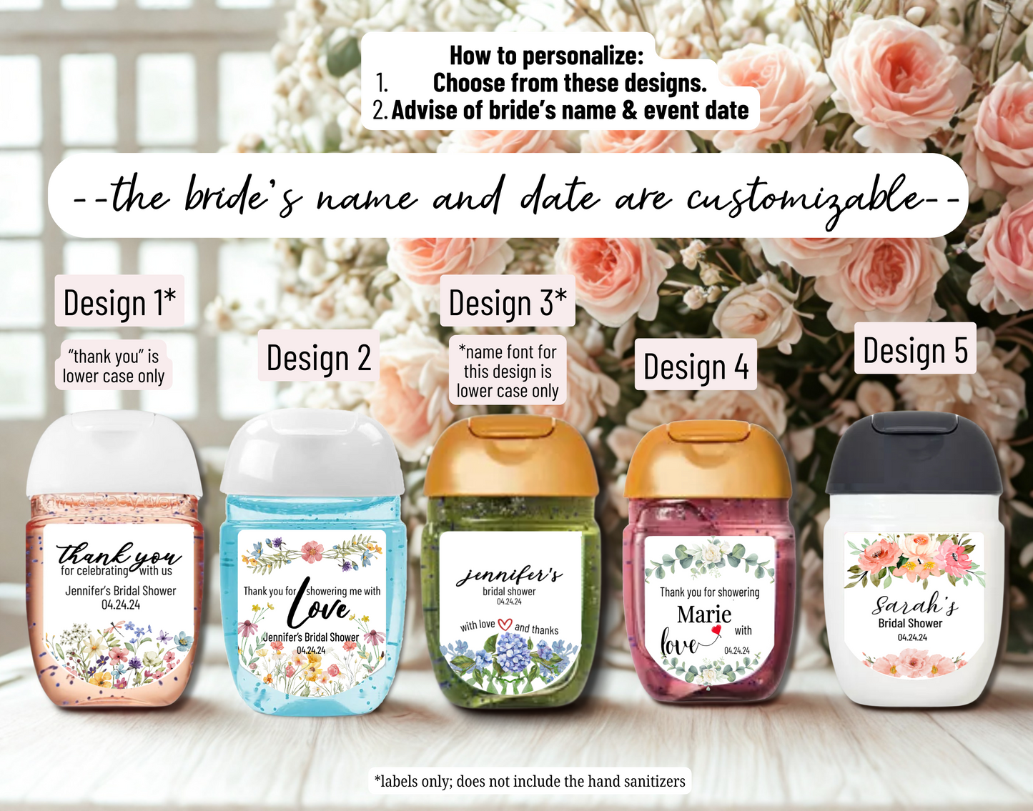 Printed Personalized Hand Sanitizer Bridal Shower/Wedding/Rehearsal Dinner DIY Party Labels/Stickers l Thank You Favors