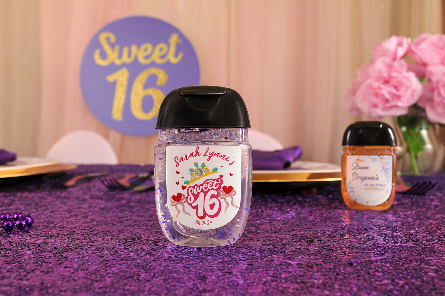 Personalizable Custom-Printed Hand Sanitizer Quinceanera/Sweet 16 DIY Party Favor Labels/Stickers l Girl Birthday l 30 Pcs Per Set
