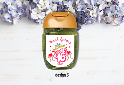 Personalizable Custom-Printed Hand Sanitizer Quinceanera/Sweet 16 DIY Party Favor Labels/Stickers l Girl Birthday l 30 Pcs Per Set