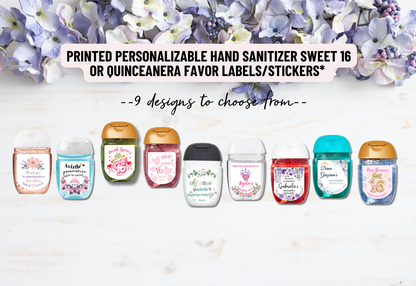 Personalizable Custom-Printed Hand Sanitizer Quinceanera/Sweet 16 DIY Party Favor Labels/Stickers l Girl Birthday l 30 Pcs Per Set