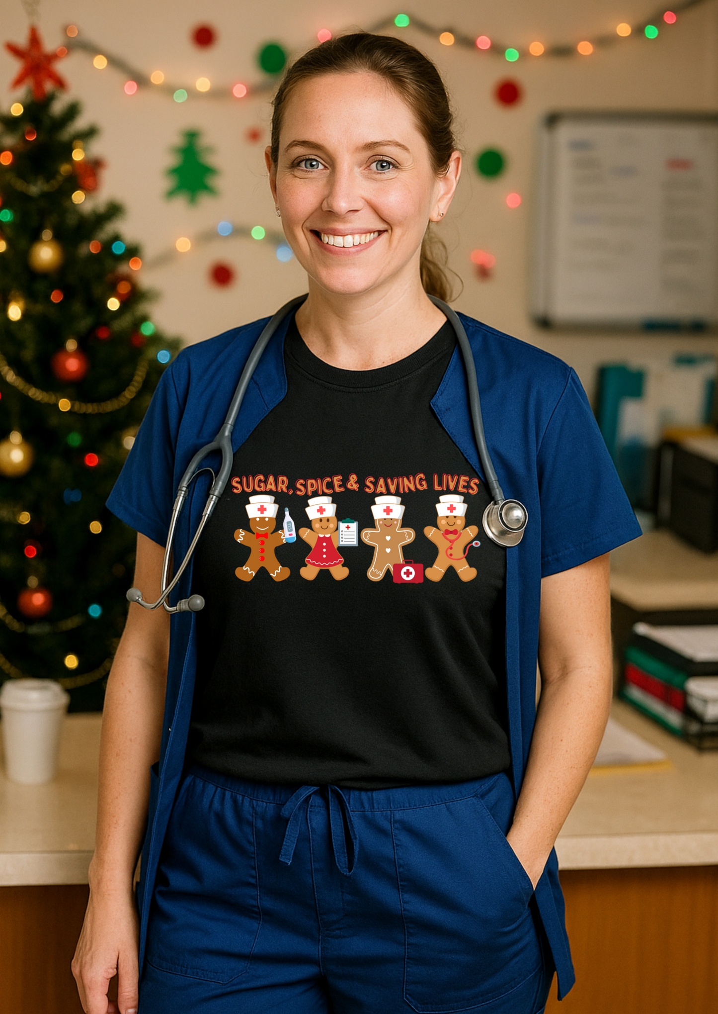 Sugar, Spice & Saving Lives | Nurse Gingerbread Christmas Holiday T-Shirt