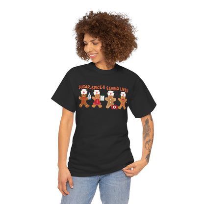 Sugar, Spice & Saving Lives | Nurse Gingerbread Christmas Holiday T-Shirt
