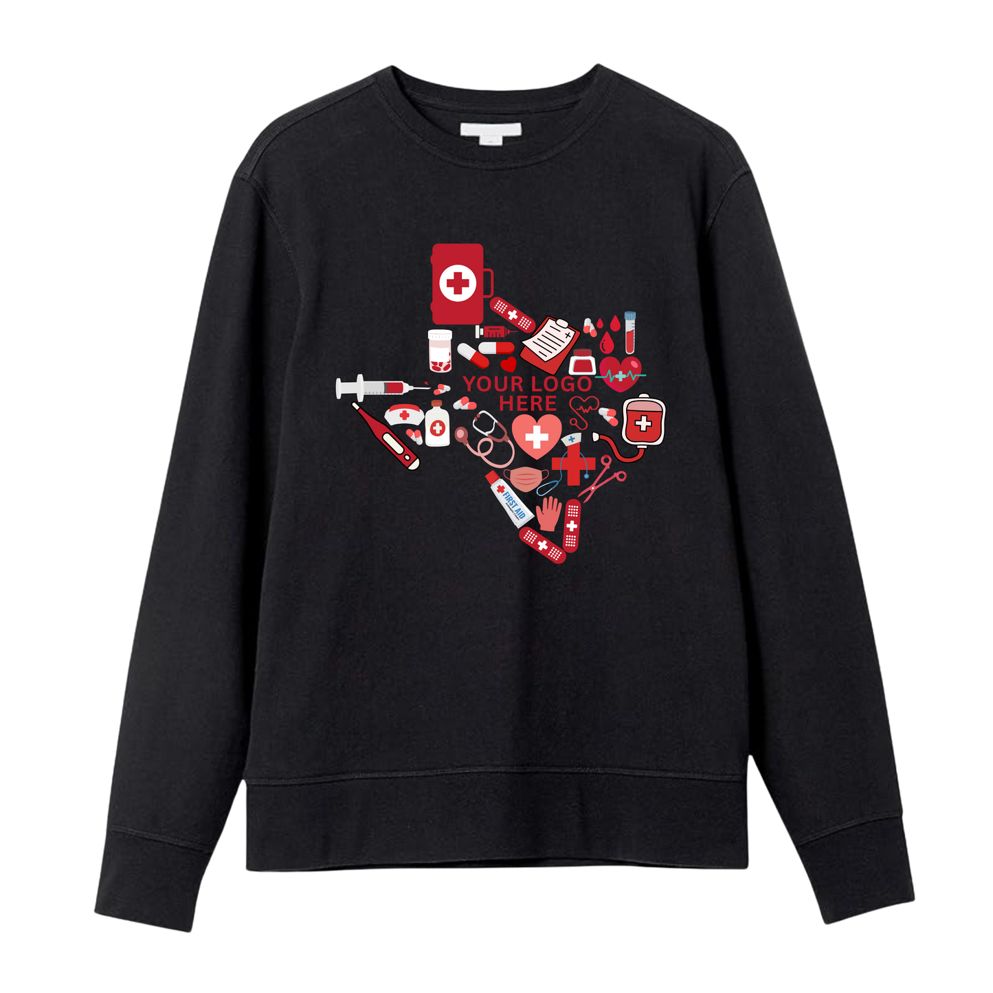 🩺 Texas-Shaped Medical Essentials Graphic Sweatshirt – Custom Logo Ready