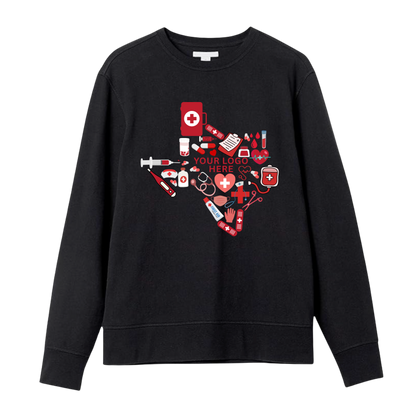 🩺 Texas-Shaped Medical Essentials Graphic Sweatshirt – Custom Logo Ready