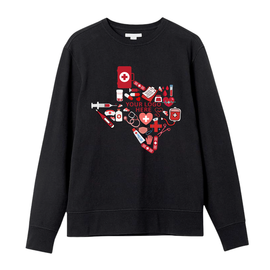 🩺 Texas-Shaped Medical Essentials Graphic Sweatshirt – Custom Logo Ready