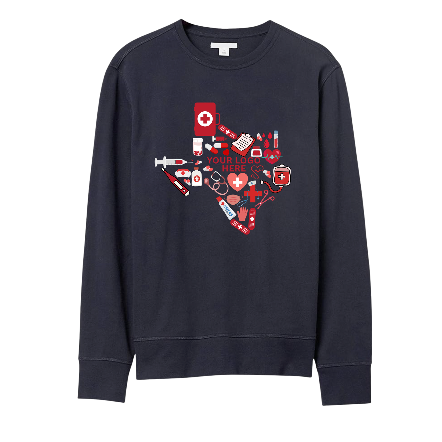 🩺 Texas-Shaped Medical Essentials Graphic Sweatshirt – Custom Logo Ready