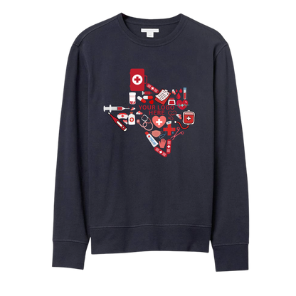 🩺 Texas-Shaped Medical Essentials Graphic Sweatshirt – Custom Logo Ready